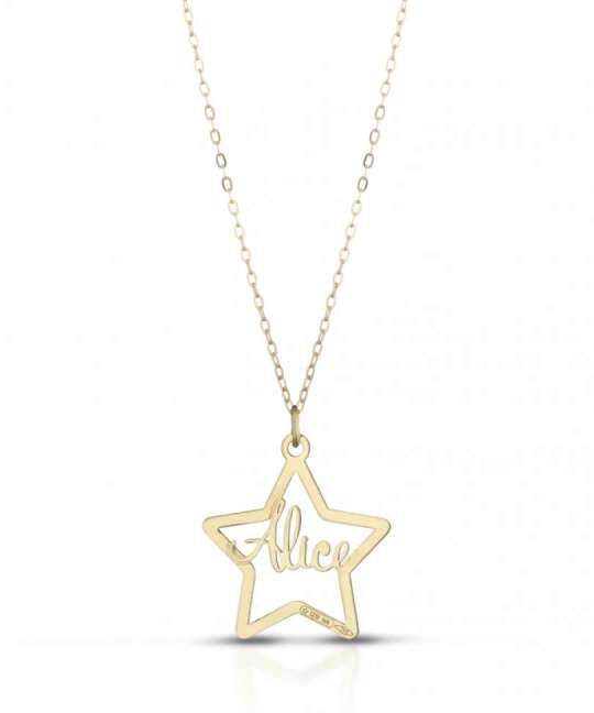 Collana in oro con ciondolo a forma di stella e nome (da 7 a 10 lettere)
