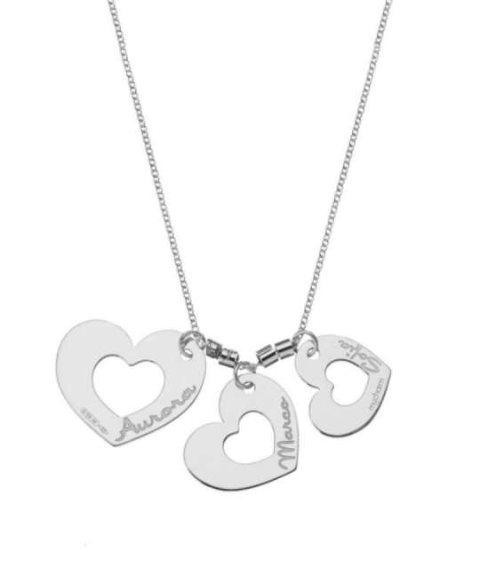 Collana in argento con ciondoli a forma di cuore personalizzabili con nomi