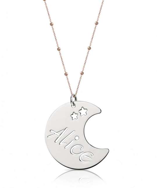 Collana personalizzabile in argento a forma di luna con incisione di stelle e nome
